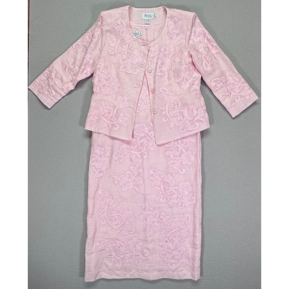 JSong Womens Dress Suit Regular Pink Floral Embroidered Linen 2pc Set 10